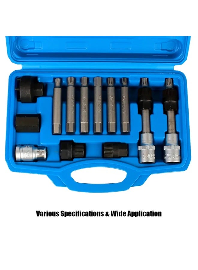 13PCS Alternator Pulley Removal Tool Kit – CR-V Steel Socket Bit Set with H8, H10, M8, M10, T40, T50 Bits and Adapters – Professional Automotive Pulley Removal and Installation Set with Storage Case - Image 3