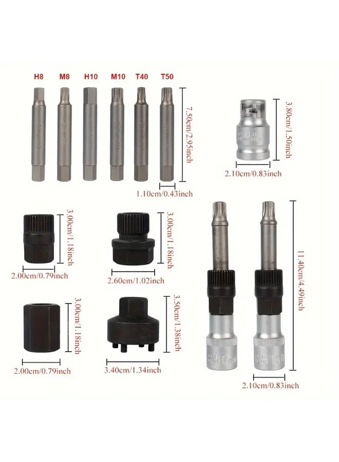 13PCS Alternator Pulley Removal Tool Kit – CR-V Steel Socket Bit Set with H8, H10, M8, M10, T40, T50 Bits and Adapters – Professional Automotive Pulley Removal and Installation Set with Storage Case - Image 4