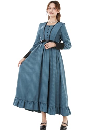 FCCAM FCCAM FCCAM Blue Victorian Dress for Women Long Sleeve 1800s Edwardian Dress Ruffle Maxi Medieval Renaissance Costume S - Image 4