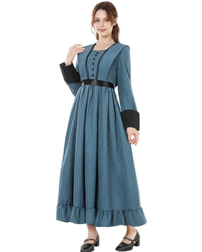 FCCAM FCCAM FCCAM Blue Victorian Dress for Women Long Sleeve 1800s Edwardian Dress Ruffle Maxi Medieval Renaissance Costume S - Image 3