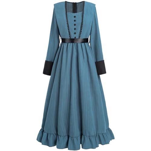 FCCAM FCCAM FCCAM Blue Victorian Dress for Women Long Sleeve 1800s Edwardian Dress Ruffle Maxi Medieval Renaissance Costume S - Image 1