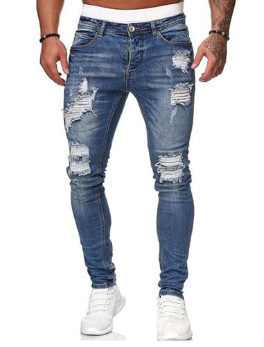 HUNGSON Men's Blue Slim Fit Jeans Stretch Destroyed Ripped Skinny Jeans Side Striped Denim Pants(LBlue,32) - Image 4