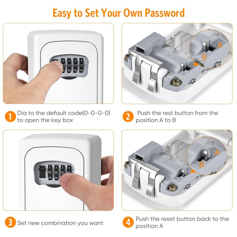 Fayleeko Key Lock Box Wall Mounted, Fayleeko 4 Digit Combination Lockbox for Outside, House Keys - 5 Keys Capacity, Key Safe Security Storage Lock Box for Indoor, Outdoor, Garage, Garden, Store (White, 1Pack) - Image 5