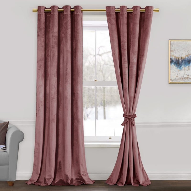 JIUZHEN Velvet Curtains 96 inches - Room Darkening Thermal Insualted Super Soft Velvet Textured Grommet Drapes for Living Room/Bedroom  52W x 96L  Set of 2 with Tiebacks  Wild Rose - Image 1