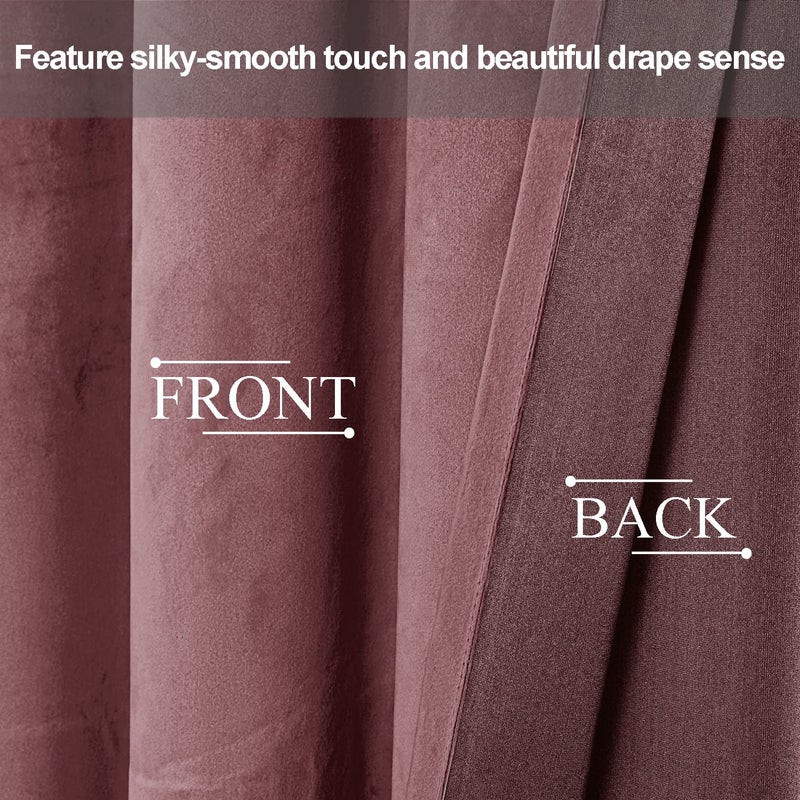 JIUZHEN Velvet Curtains 96 inches - Room Darkening Thermal Insualted Super Soft Velvet Textured Grommet Drapes for Living Room/Bedroom  52W x 96L  Set of 2 with Tiebacks  Wild Rose - Image 4