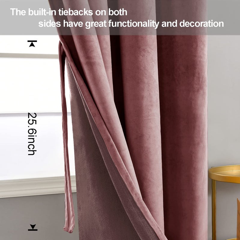 JIUZHEN Velvet Curtains 96 inches - Room Darkening Thermal Insualted Super Soft Velvet Textured Grommet Drapes for Living Room/Bedroom  52W x 96L  Set of 2 with Tiebacks  Wild Rose - Image 3