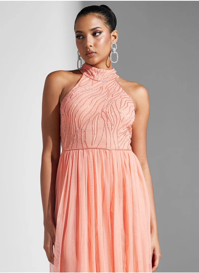 Amelia Rose Embellished Mesh Detail Dress