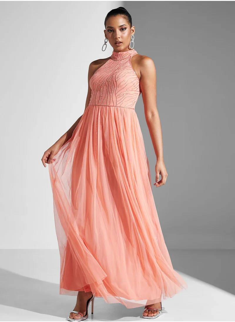 Amelia Rose Embellished Mesh Detail Dress