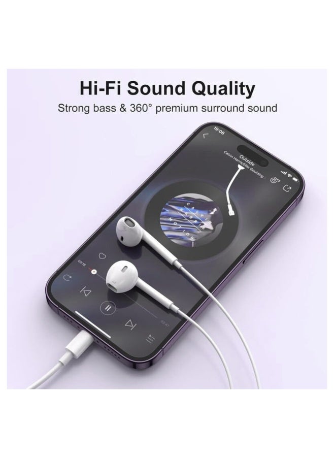 سماعة أذن سلكية بمنفذ لايتنينج مع ميكروفون وتحكم في الصوت، متوافقة مع آيفون 14/13/12/11/X/8، صوت عالي الجودة، أبيض - Image 3