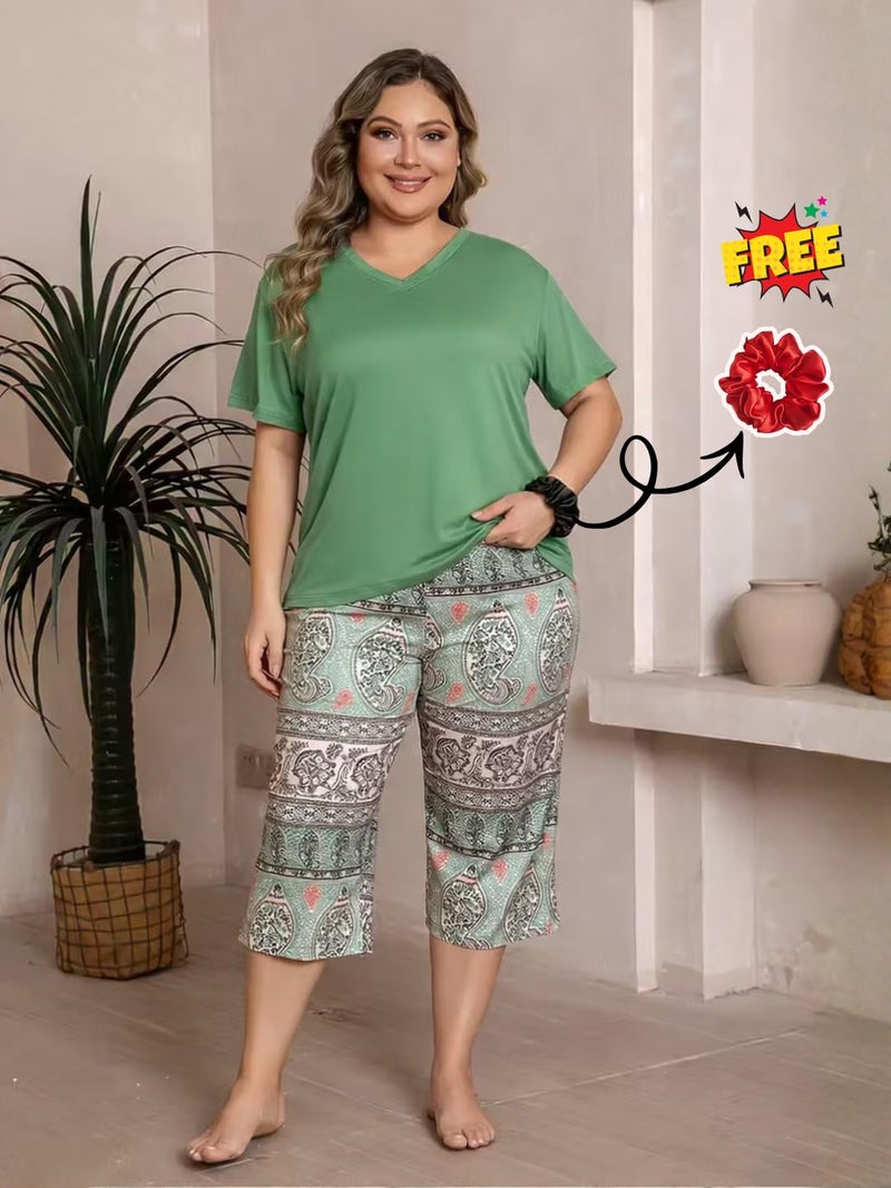 Celary Women Cotton Nightwear Set | Short Sleeve Top & Printed Capri Pajama Set | Soft, Breathable Sleepwear for Ladies | Also Available in Plus Size - Image 2