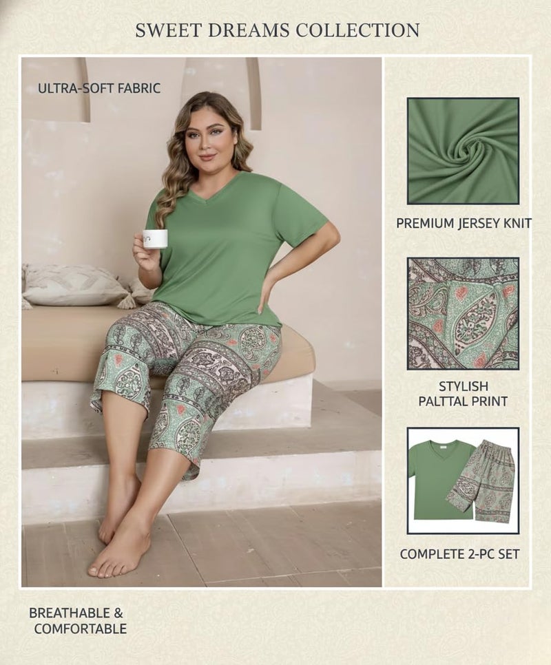 Celary Women Cotton Nightwear Set | Short Sleeve Top & Printed Capri Pajama Set | Soft, Breathable Sleepwear for Ladies | Also Available in Plus Size - Image 5