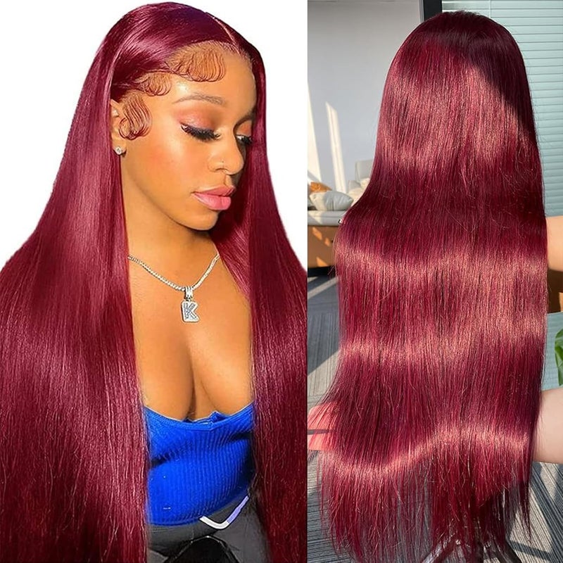 MENTOR 99J Burgundy Lace Front Wigs Human Hair 28 inch 13x4 HD Transparent Lace Frontal Wig Silky Straight Pre Plucked with Baby Hair 200 Density Wine Red Colored Wig for Women
