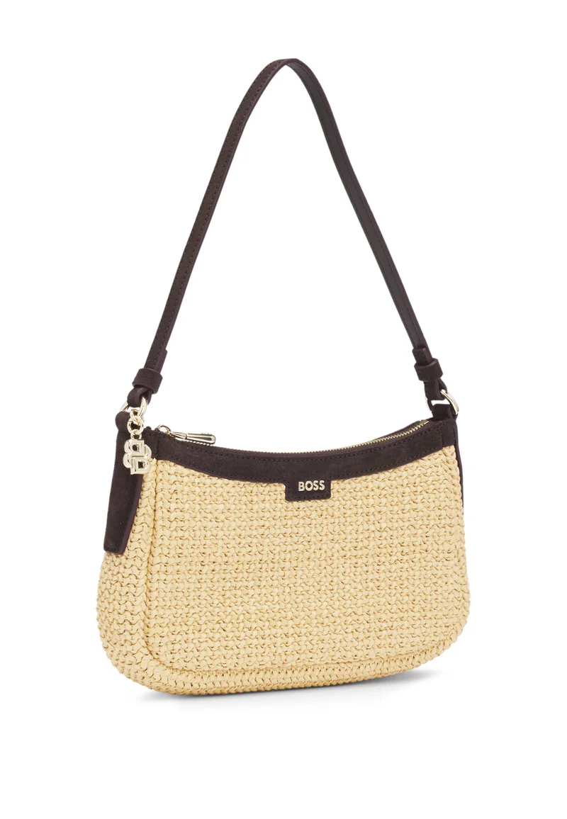 BOSS Raffia shoulder bag with Double B monogram charm