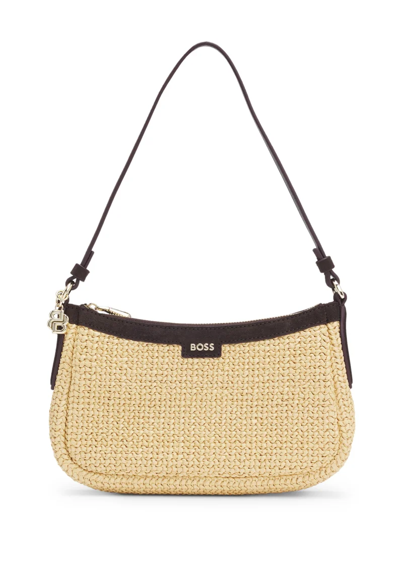 BOSS Raffia shoulder bag with Double B monogram charm