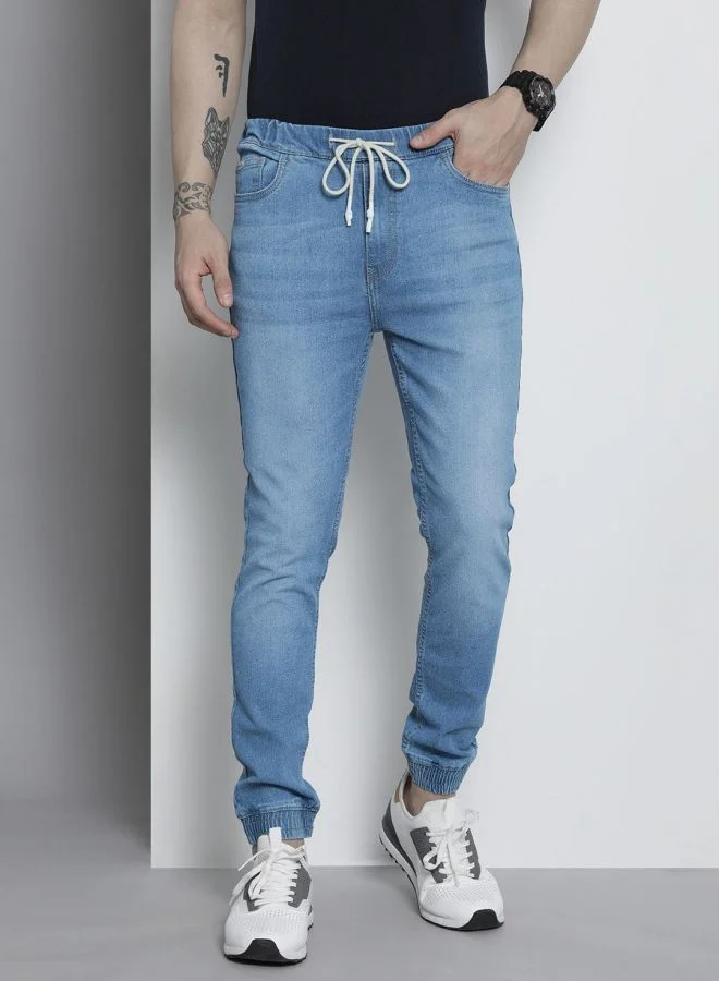 The Indian Garage Co Men Slim Fit Solid Mid-Rise Stretchable Denim Joggers