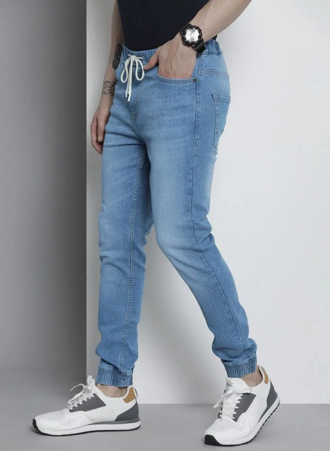The Indian Garage Co Men Slim Fit Solid Mid-Rise Stretchable Denim Joggers