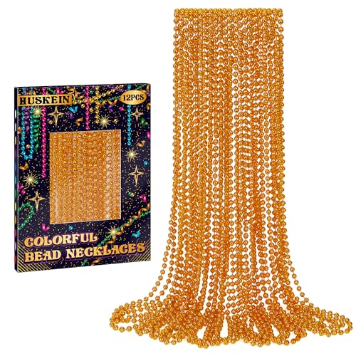 Huskein 12 PCS Beaded Necklace 33 Orange Mardi Gras Beads Necklaces Bulk Mardi Gras Favors Accessory Set Mardi Gras Beaded Stuff Set Round Costume Bead Necklace for Carnival Festival Party Favors - Image 1
