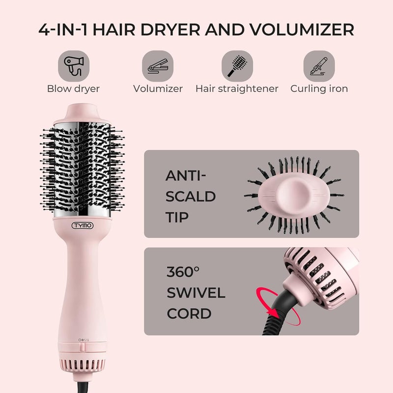 TYMO Hair Dryer Brush Blow Dryer Brush in One, 4 in 1 Ionic Hairdryer and Styler Volumizer with Oval Titanium Barrel, Hot Air Straightener for Smooth Frizz-Free Blowout, Pink - Image 2