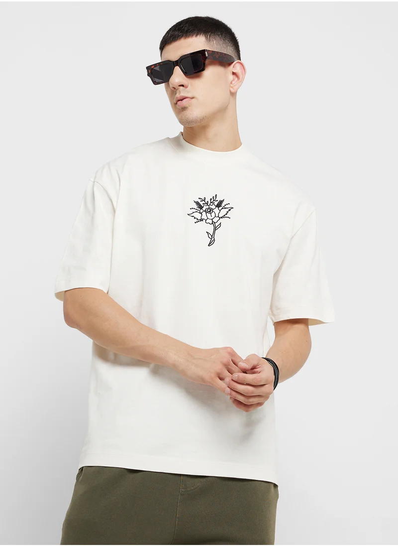 توب مان Embroidered Floral Tatto Oversized T-Shirt