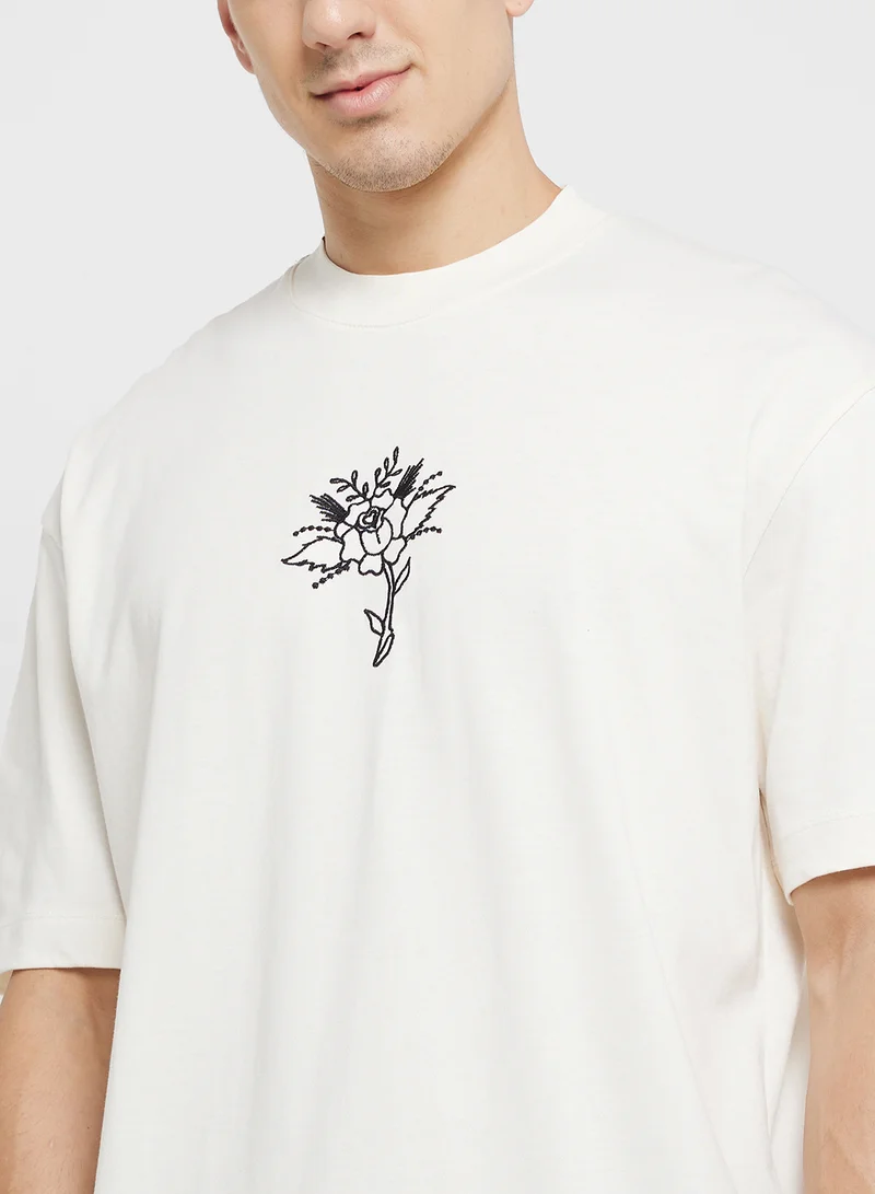 توب مان Embroidered Floral Tatto Oversized T-Shirt