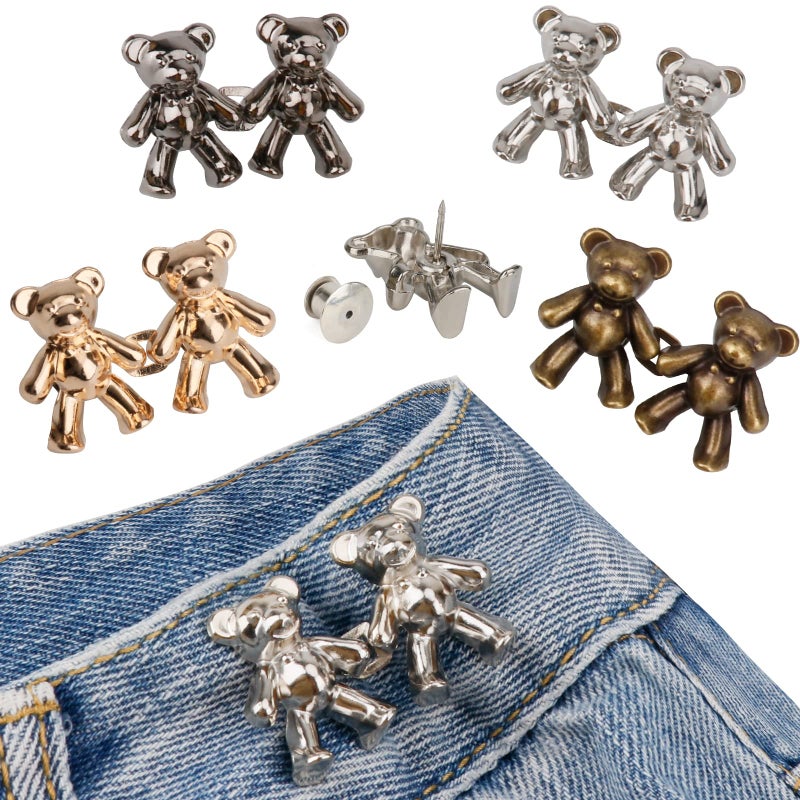 TOOVREN Cute Bear Button Pins for Jeans, No Sew and No Tools Instant Pant Waist Tightener, Adjustable Jean Buttons Pins for Loose Jeans 4 Sets Replacement Pant Clips for Waist Buckle - Image 1