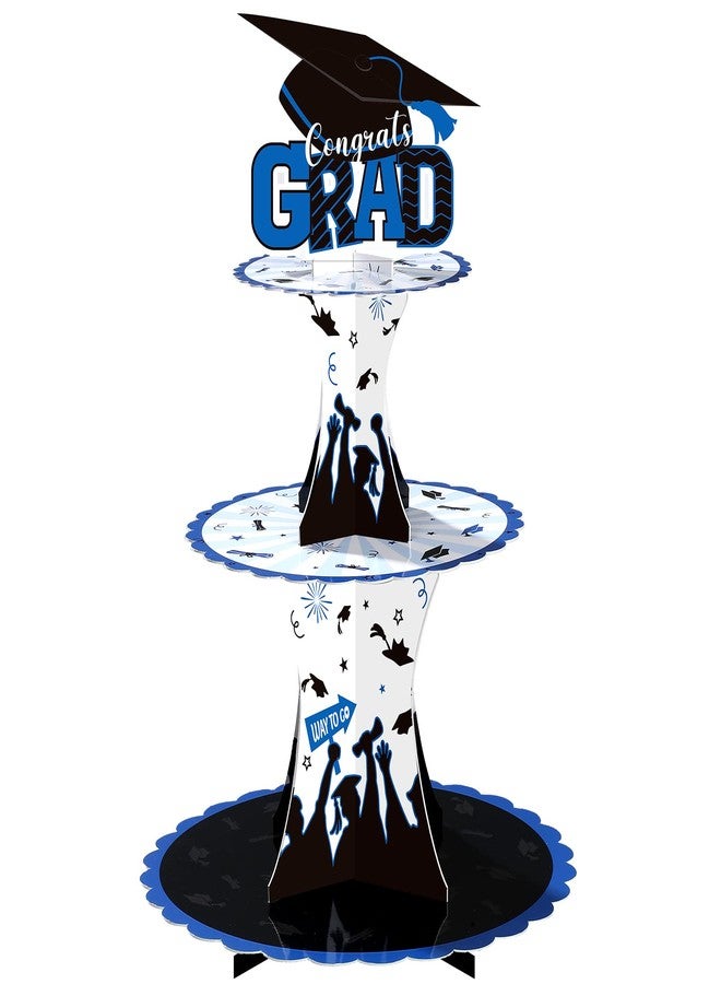 Nuenen Graduation Cupcake Holder Decoration 3 Tier Congrats Grad Party Cupcake Stand Tower Cardboard Grad Theme Dessert Stand for Graduation Party Supplies Favors(Blue and Black) - Image 1