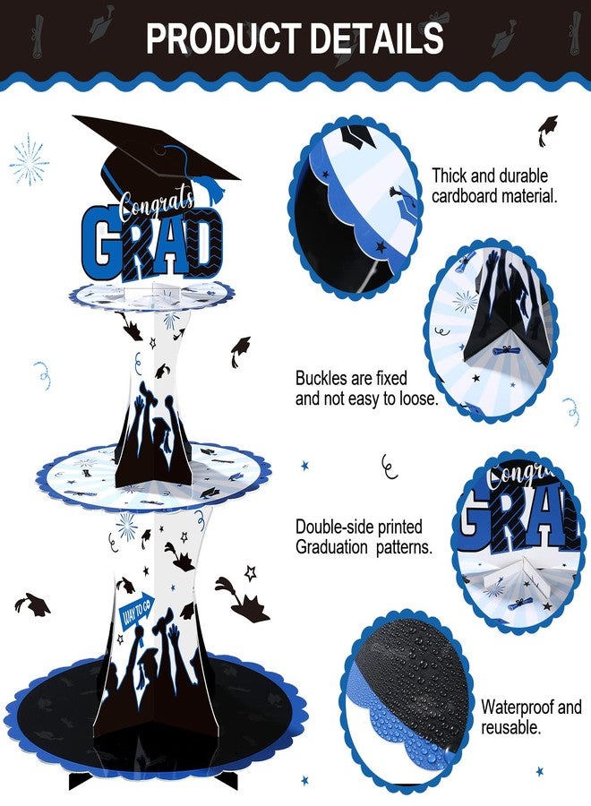 Nuenen Graduation Cupcake Holder Decoration 3 Tier Congrats Grad Party Cupcake Stand Tower Cardboard Grad Theme Dessert Stand for Graduation Party Supplies Favors(Blue and Black) - Image 3