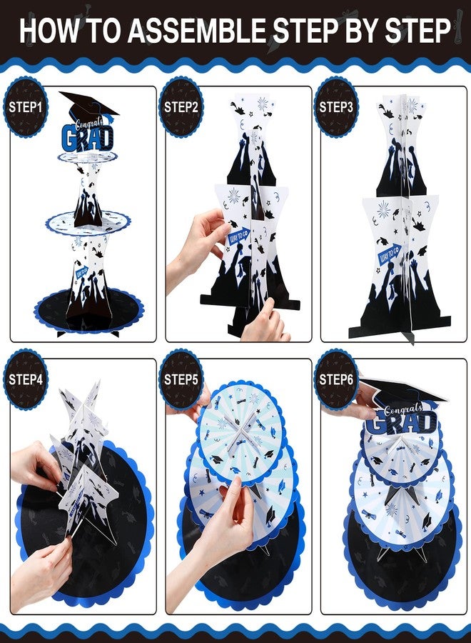 Nuenen Graduation Cupcake Holder Decoration 3 Tier Congrats Grad Party Cupcake Stand Tower Cardboard Grad Theme Dessert Stand for Graduation Party Supplies Favors(Blue and Black) - Image 4