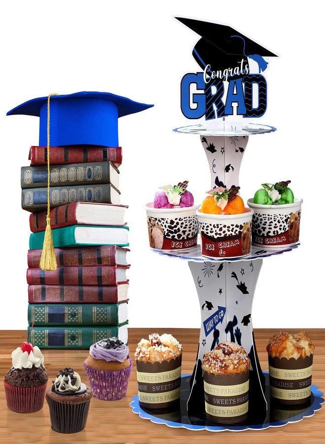 Nuenen Graduation Cupcake Holder Decoration 3 Tier Congrats Grad Party Cupcake Stand Tower Cardboard Grad Theme Dessert Stand for Graduation Party Supplies Favors(Blue and Black) - Image 5