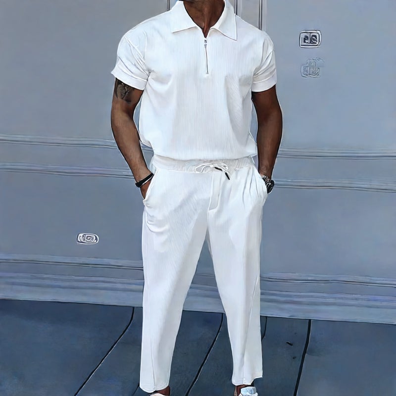 Men's Casual Short Sleeve Zip-Up Tracksuit Set with Long Pants - Image 2