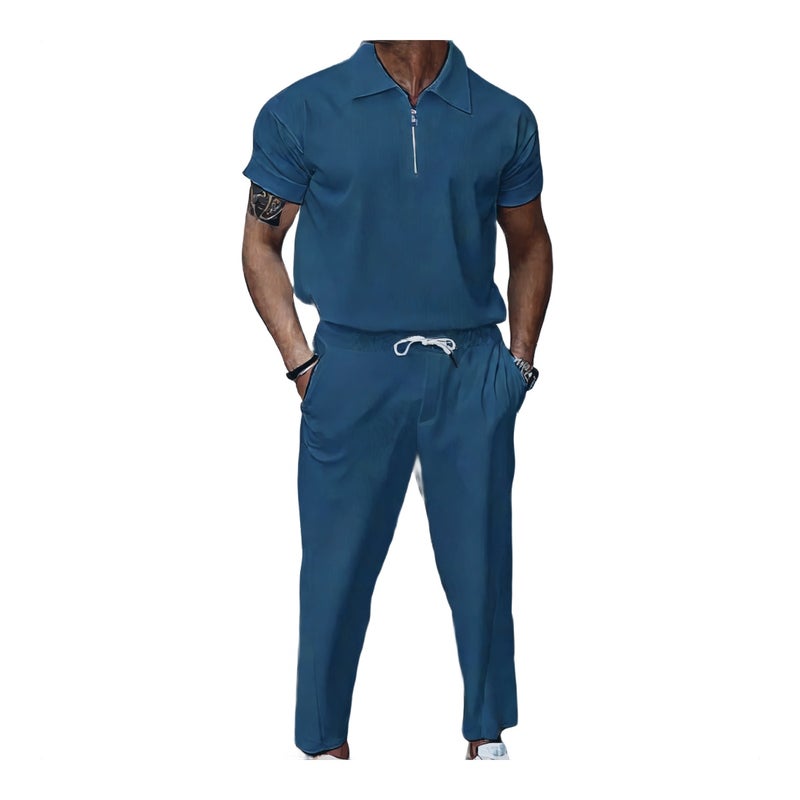 Men's Casual Short Sleeve Zip-Up Tracksuit Set with Long Pants - Image 1