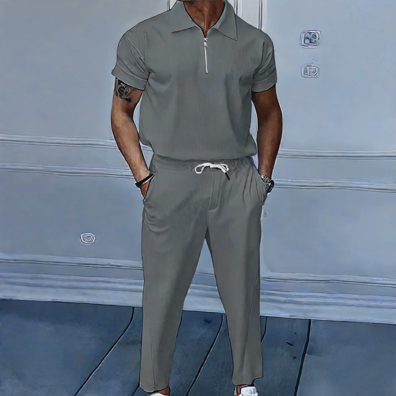 Men's Casual Short Sleeve Zip-Up Tracksuit Set with Long Pants - Image 4