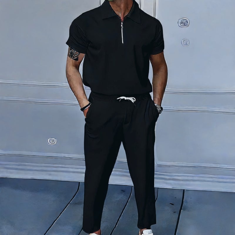 Men's Casual Short Sleeve Zip-Up Tracksuit Set with Long Pants - Image 3