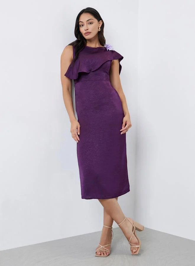 Styli Styli Purple Draped Midi Dress with Corsage Detail
