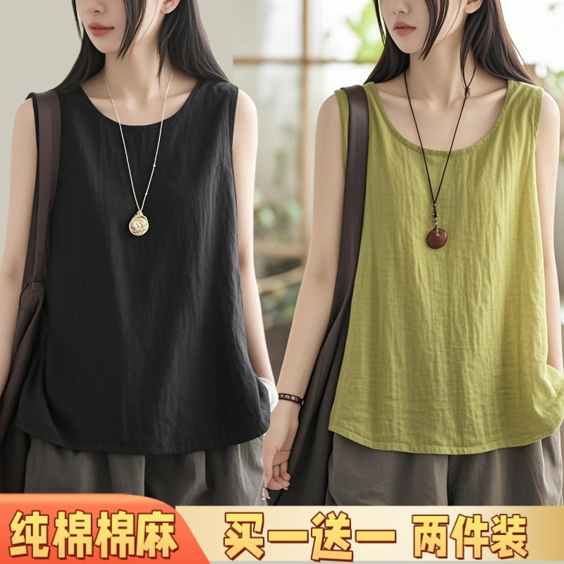 Summer Pure Cotton Retro Cotton And Linen Vest, Slim And Versatile, Commuting Sleeveless Sling, Large Size Casual Bottoming Outer Wear - Image 5