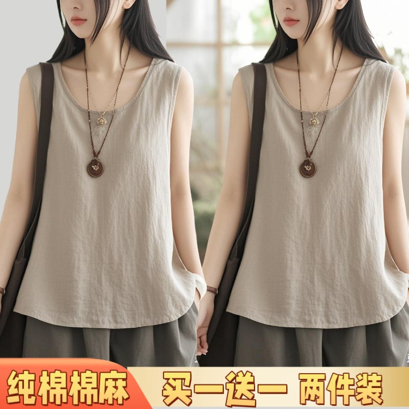 Summer Pure Cotton Retro Cotton And Linen Vest, Slim And Versatile, Commuting Sleeveless Sling, Large Size Casual Bottoming Outer Wear - Image 4