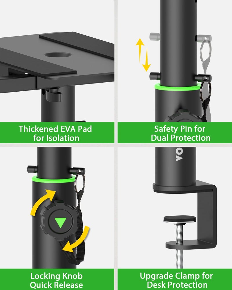Vondynote Set of 2 Dual Side Clamping Studio Monitor Stands Short Desktop Clamp Speaker Stands Height Adjustable Extendable Top Plate Mounted by Screws - Image 3
