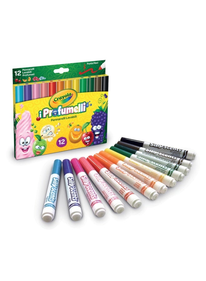 Crayola علامات عطرية سيللي سينتس بخط عريض | عبوة 12 مع روائح وألوان متطابقة - أدوات فنية عطرية لإبداع الأطفال - حبر قابل للغسل | غير سامة - مثالية للأعمار 3 وما فوق - Image 1