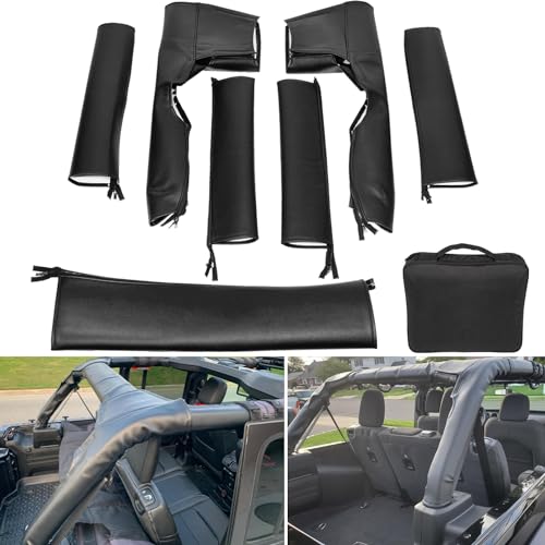 Camoo Roll Bar Cover Padding Compatible with Jeep Wrangler JL Unlimited 2018-2024 JLU Sahara Rubicon 4-Door with Grab Bag Black Leather Foam Laminated Pad Cover Kit Protection, 8pcs - Image 1