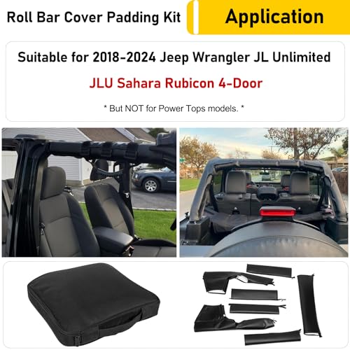 Camoo Roll Bar Cover Padding Compatible with Jeep Wrangler JL Unlimited 2018-2024 JLU Sahara Rubicon 4-Door with Grab Bag Black Leather Foam Laminated Pad Cover Kit Protection, 8pcs - Image 2