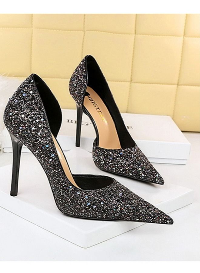 BIGTREE Pointed Side Cut-Out Shiny Sequin High Heels 10.5CM Black - Image 2