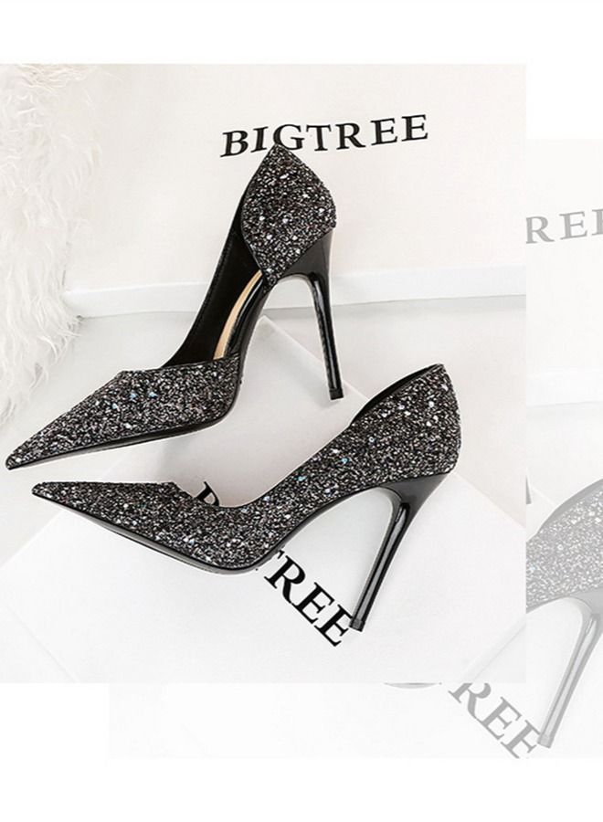 BIGTREE Pointed Side Cut-Out Shiny Sequin High Heels 10.5CM Black - Image 3