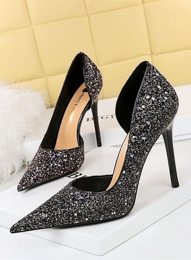 BIGTREE Pointed Side Cut-Out Shiny Sequin High Heels 10.5CM Black - Image 1