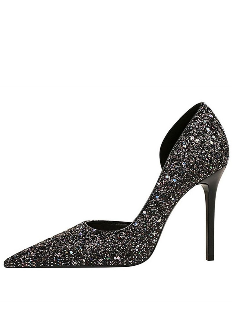 BIGTREE Pointed Side Cut-Out Shiny Sequin High Heels 10.5CM Black - Image 4