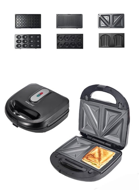 6-In-1 Sandwich Maker with Sandwich-Grill-Waffle-Donut-Nutties+Shell Detachable Plates, Sandwich Heater maker, Grill maker, Snack Machine for Home Kitchen, 2 Slices,750W SK-908 Black/Silver