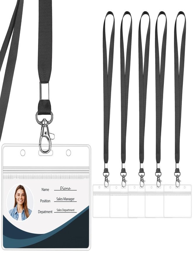 WILLIZTER Clear ID Badge Holder with Lanyard Water Proof Horizontal Display Identification Card Name Card Protector with Zipper Resealable Nametag Holder (Black - 6PCS) - Image 1