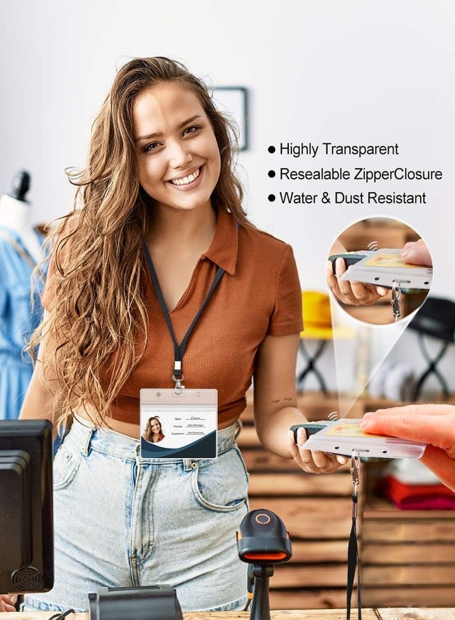 WILLIZTER Clear ID Badge Holder with Lanyard Water Proof Horizontal Display Identification Card Name Card Protector with Zipper Resealable Nametag Holder (Black - 6PCS) - Image 2