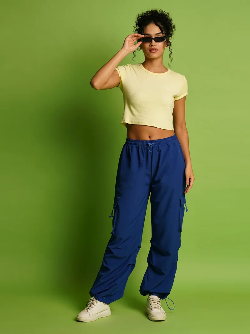 globus Women Mid Rise Loose Fit Drawstring Waist Toggle Hem Cargo Joggers
