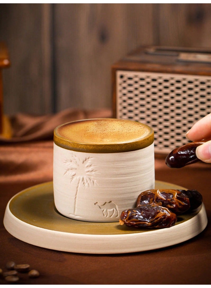 Vonqu Ceramic Coffee Mug with Desert Camel & Palm Tree Design – Hand-Carved Stoneware Coffee Cup (250ml), Reusable, Non-Slip Base, Hand Wash Only, for Espresso, Latte, Cappuccino & Tea – Elegant Desert-Themed Gift & Home Décor - Image 1