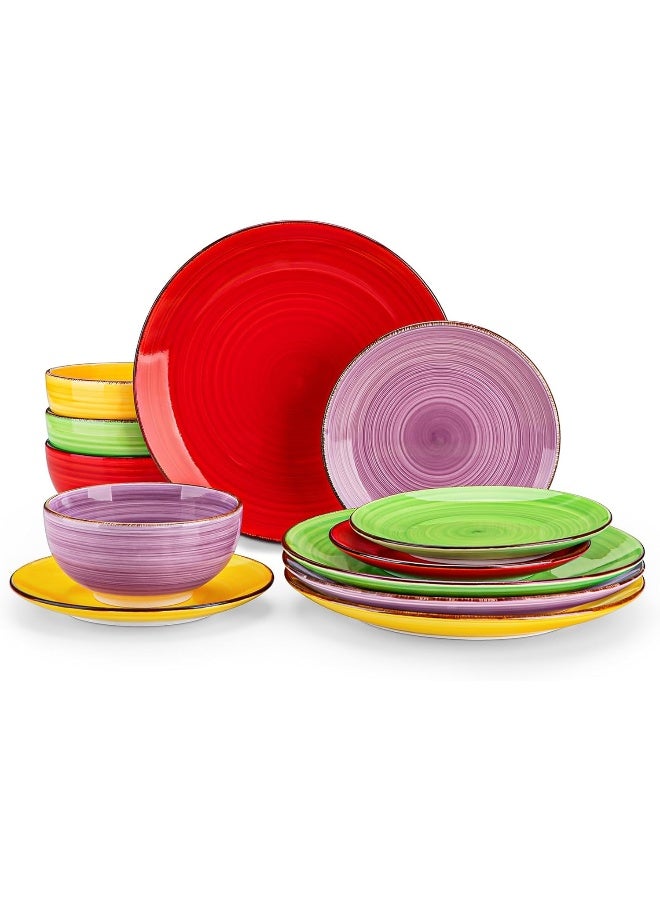 vancasso Bonita Dinnerware Set Multicolor Stoneware 12 Pieces Service for 4 Handpainted Spirals Pattern Stoneware Plates and Bowls Set - Image 1